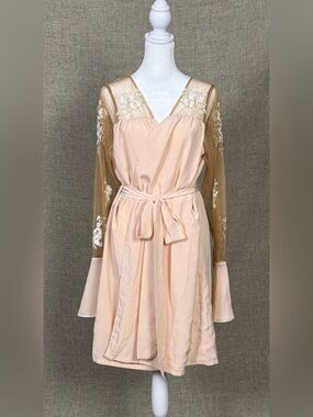 Blush Pink Embroidered Lace-Detail Bell Sleeve Robe With Belt- Bridesmaid